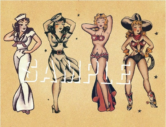 vintage TATTOO flash PIN UP sailor cowgirl navy girls reproduction 85 x 