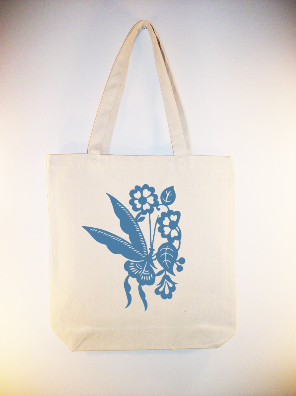 Japanese Flower and Butterfly Image Canvas Tote Market Bag available in