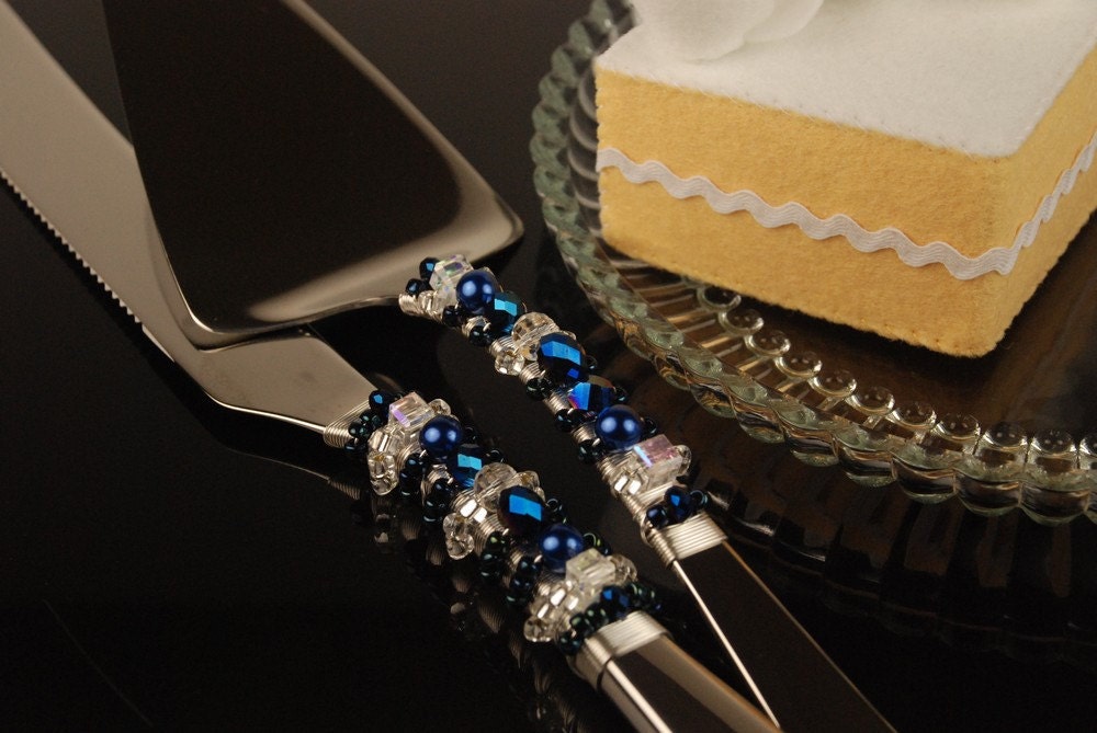 Midnight blue and crystal wedding cake knife and server hand beaded by Jbox