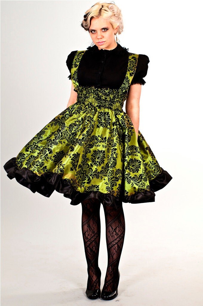 Gothic Lolita Dress Lime Green Taffeta Velvet Flock Custom to Order