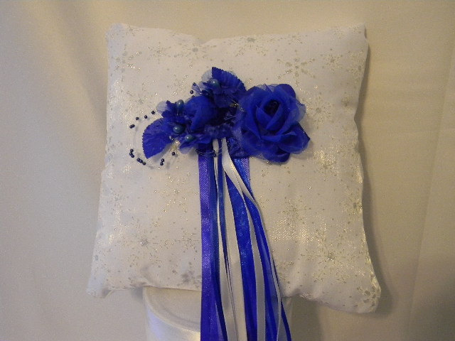 Wedding Ring Bearer Pillow White Silver snowflake Royal Blue custom made any