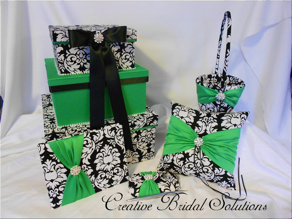 Black and White Damask with Green Wedding 5pc Set with Card Box