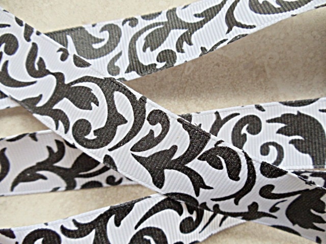 Black White Damask Print 7 8 grosgrain ribbon Great for weddings party 