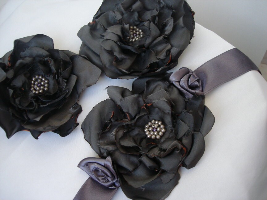 Dark Gray Blossom Wedding or coctail Accessories Ribbon belt with free two