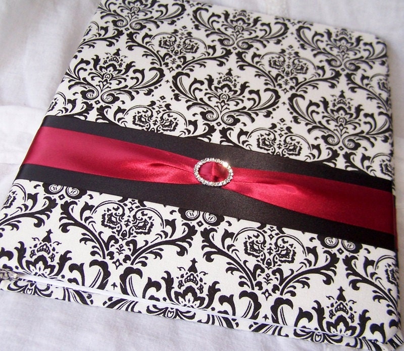 Wedding Guest Book Black and White Damask Red Rhinestone Buckle 