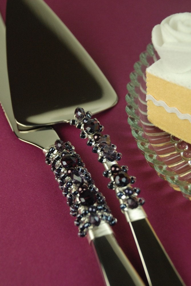 Wedding cake server and knife set eggplant purple beaded crystal READY TO 