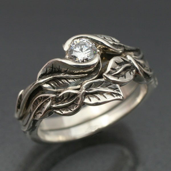 WEDDING RING SET Delicate Leaf Engagement ring with matching Wedding Band