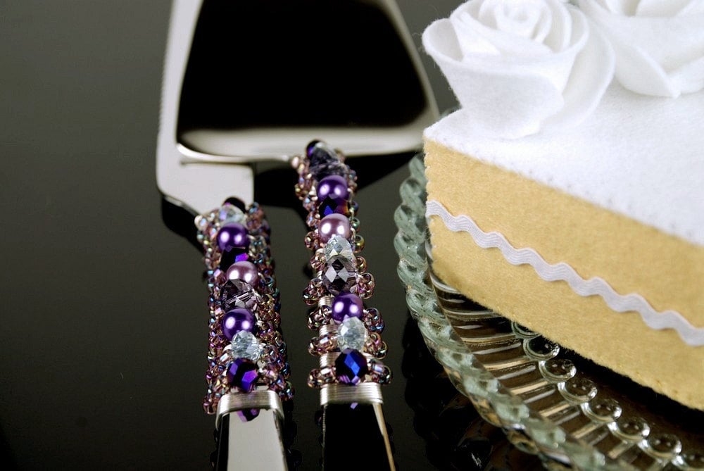 Vivid purple crystal wedding cake server set handmade beaded crystal READY 