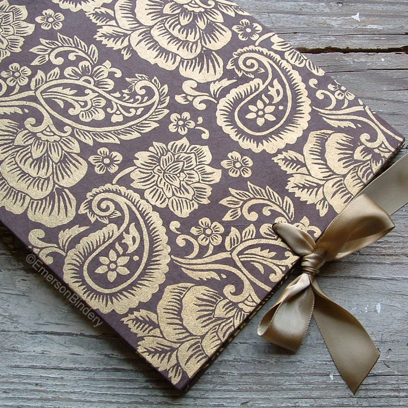 Wedding Guest Book Chocolate Brown and Gold Paisley LARGE 9x7