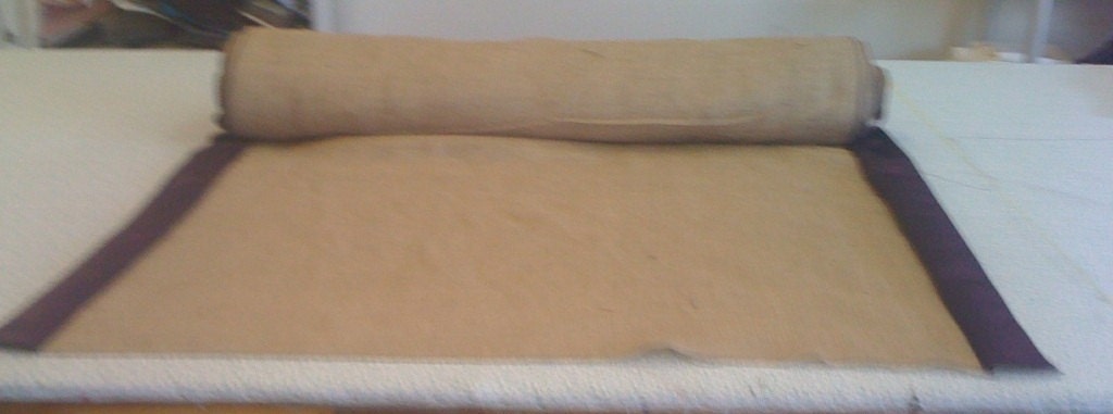 Burlap Custom Made Aisle Runner 50ft with tan satin border on both sides 