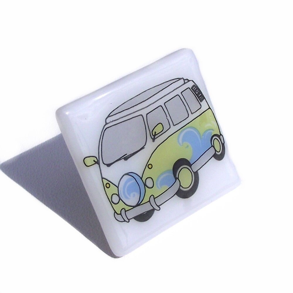 VW Camper Van Brooch in White Glass From flyingcheesetoastie