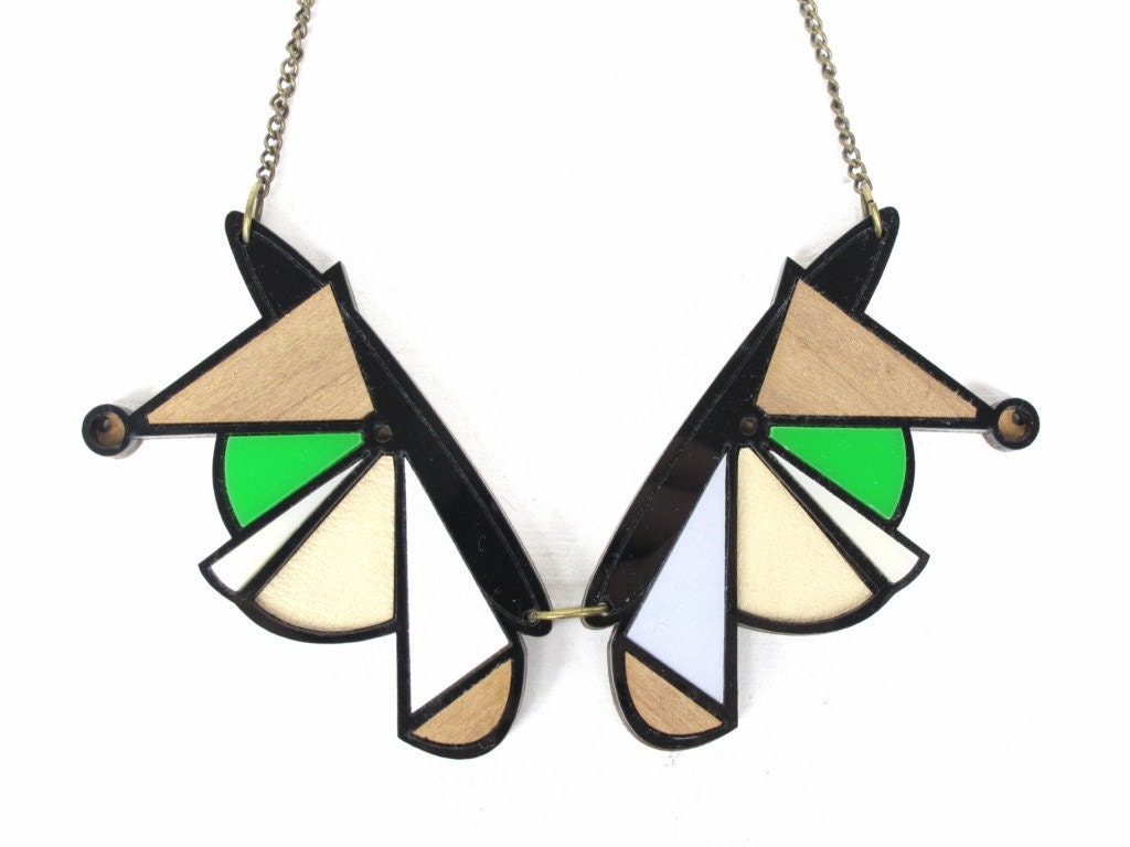 Mixed Media Abstract GEOMETRIC COLLAR NECKLACE - black/green