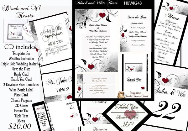 Delux Black and White WIth Hearts Wedding Invitation Kit on CD