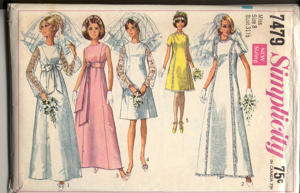 Simplicity 7479 Misses 1960s Wedding Dress Bridal Formal Bridesmaid Bell 