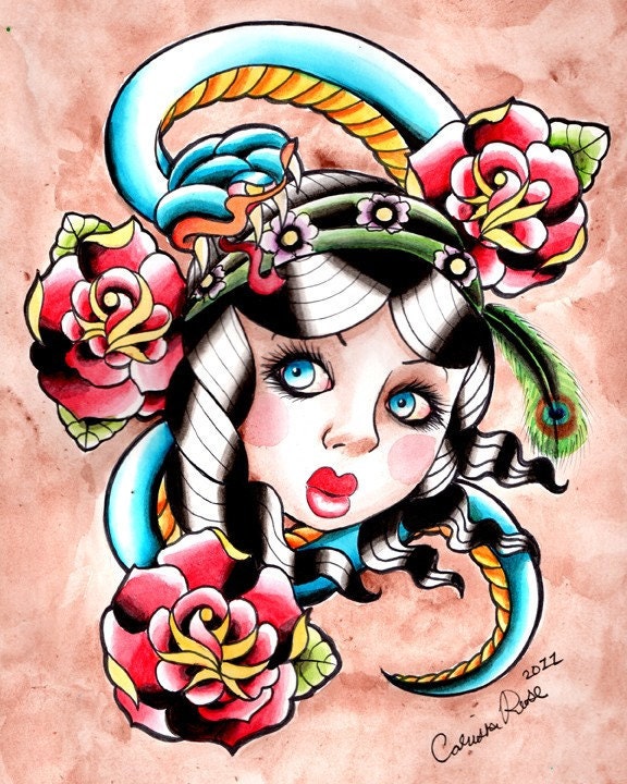 Gypsy Snake Traditional Tattoo Flash Inspired Painting Art Print By Carissa