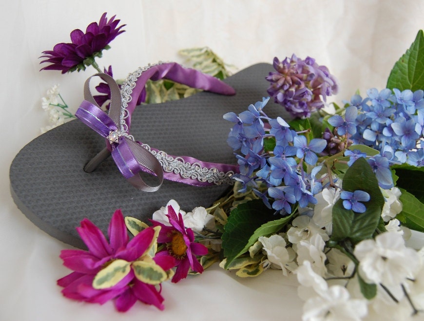 Purple Pewter Bridal Designer Flip Flops with Swarovski Crystal and Hand 