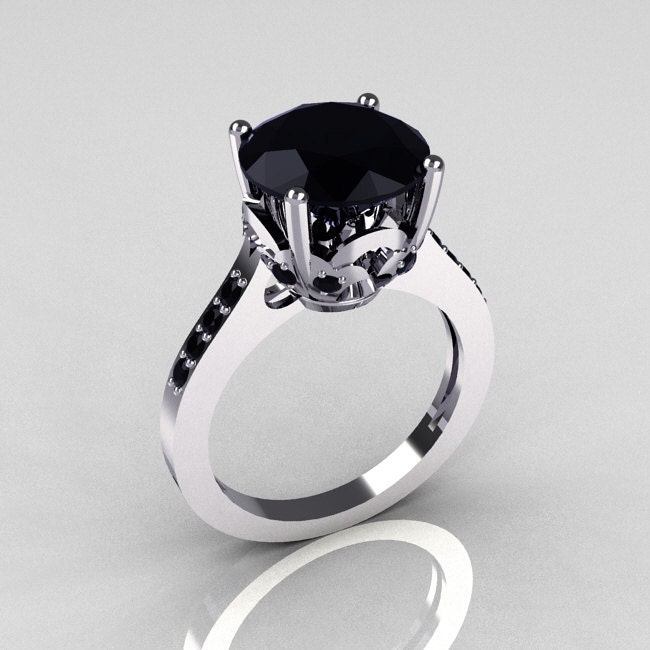 Classic 14K White Gold 35 Carat Black Diamond Solitaire Wedding Ring R301
