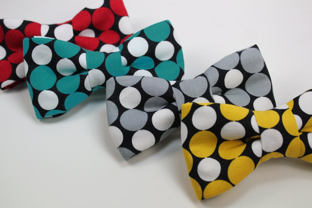 Yellow Gray Teal or Red Mod Circles Pre Tied Bow Tie with Adjustable 