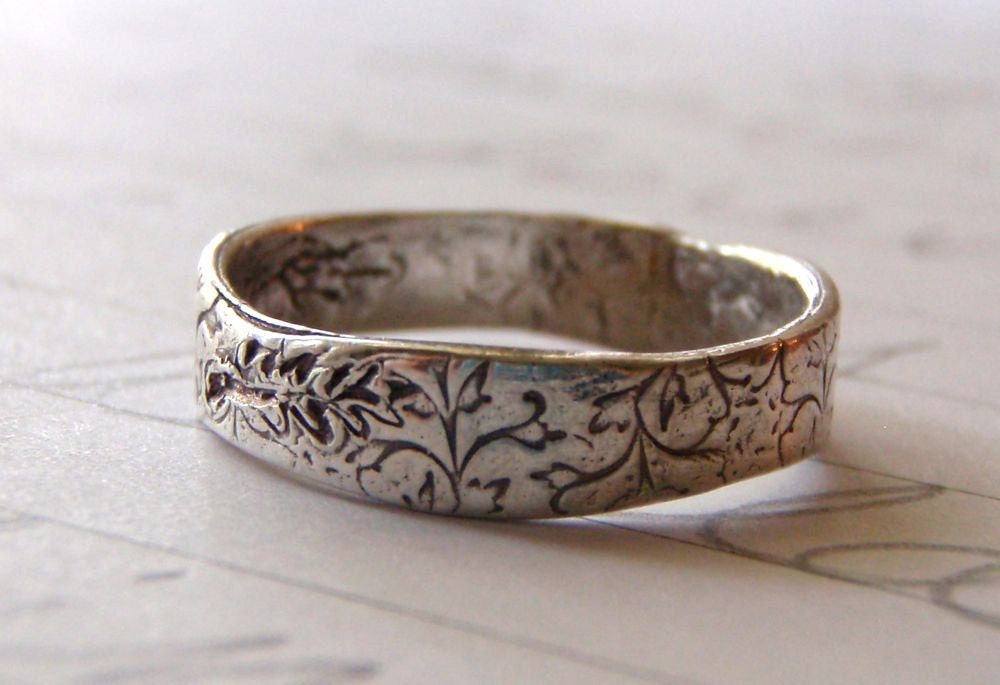 rustic wedding band recycled silver wedding band with feather
