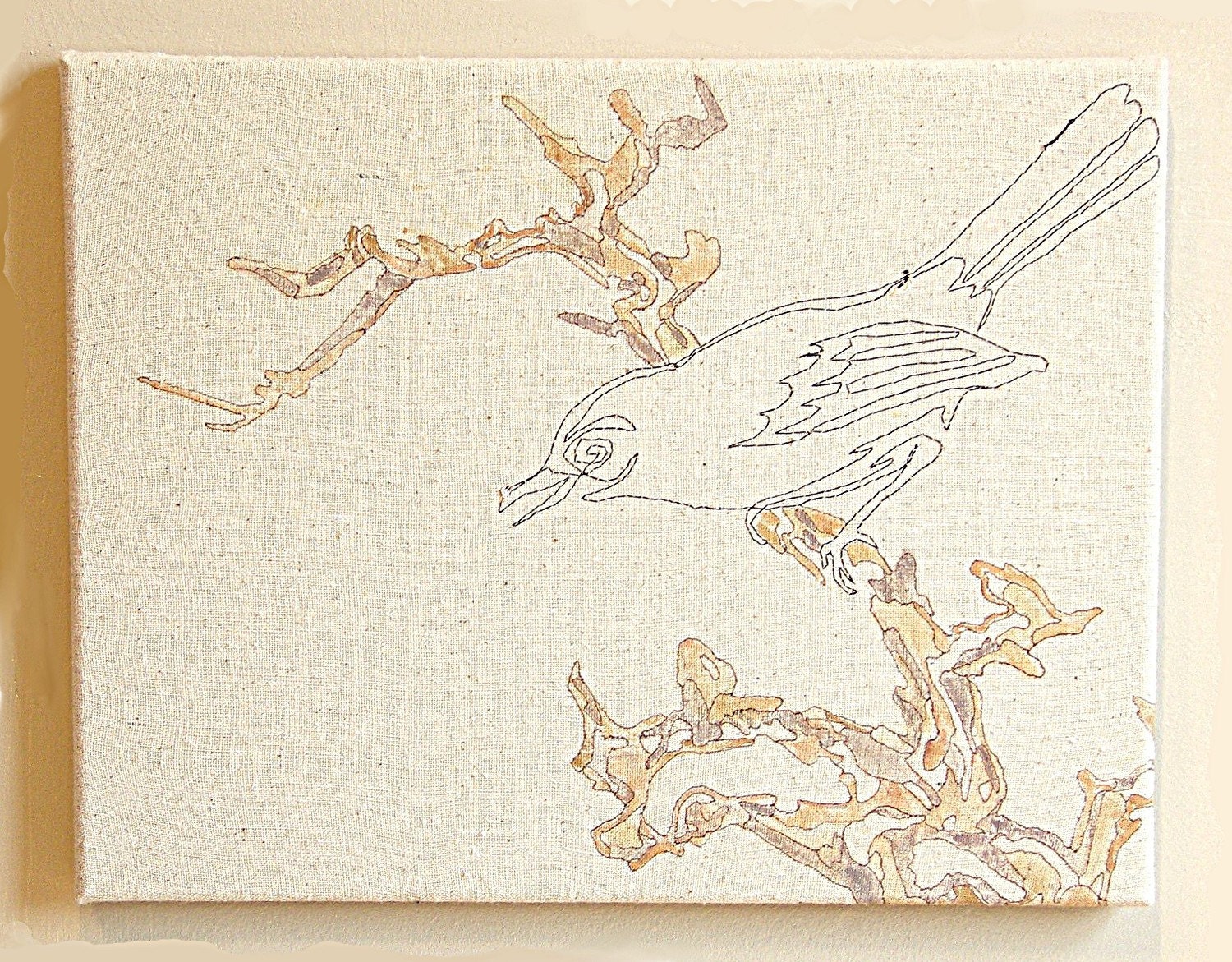 textile wall hanging tapestry - Japanese bird ink drawing - Broken Song - tan / cream / beige / amber / brown