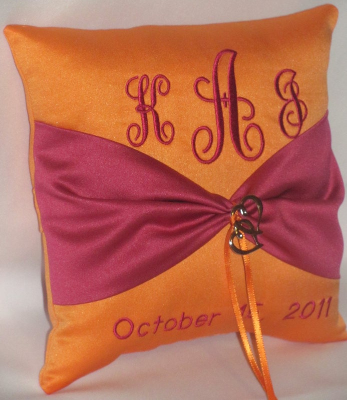 Two Hearts Become One Monogram Wedding Ring Bearer Pillow Tangerine and 
