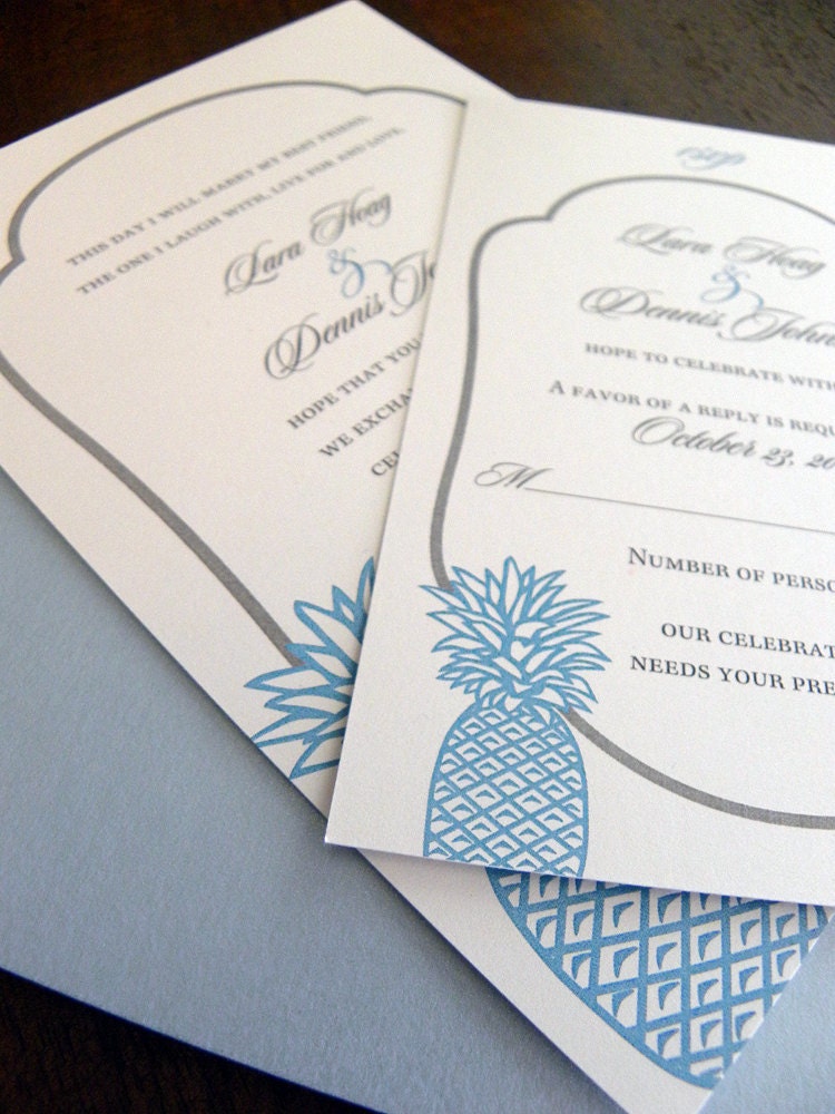 Light Blue and Gray Pineapple themed Wedding Invitation Set From citlali