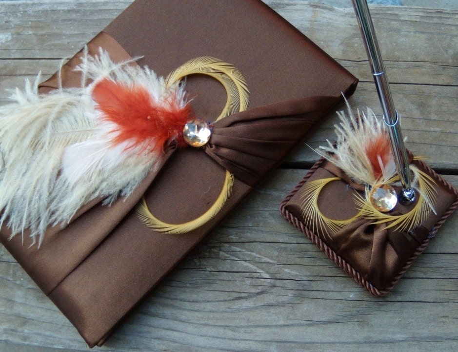 Ostrich Feather Wedding Guest Book and Pen Set Chocolate Brown Gold 