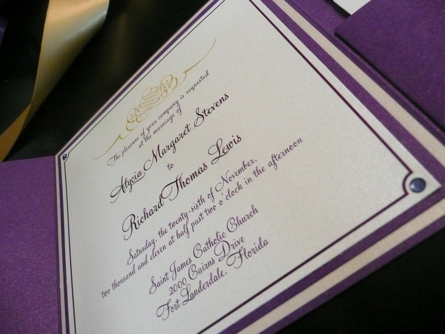 purple damask wedding invitations