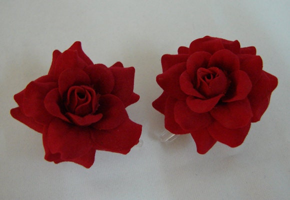 1 Pair Mini Red Velvet Rose flower Hair Clip 2 Inch