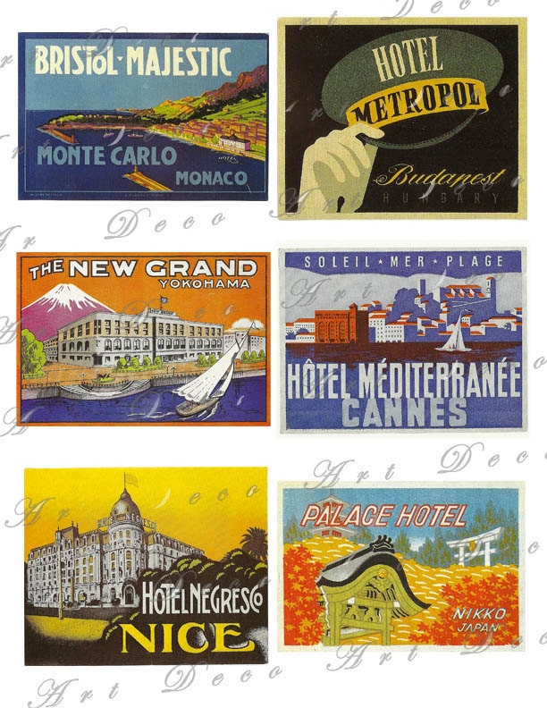 vintage travel luggage labels budapest monte carlo collage sheet 75