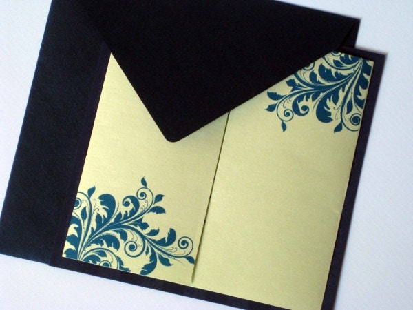 Elegant gate fold wedding invitation with navy floral print