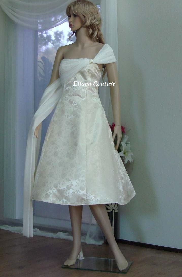 Viola Tea Length Retro Brocade Wedding Dress Unique Details