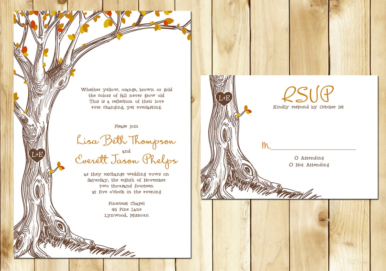 Sketched Autumn Tree with Carved Initals Wedding Invitation Set Sample