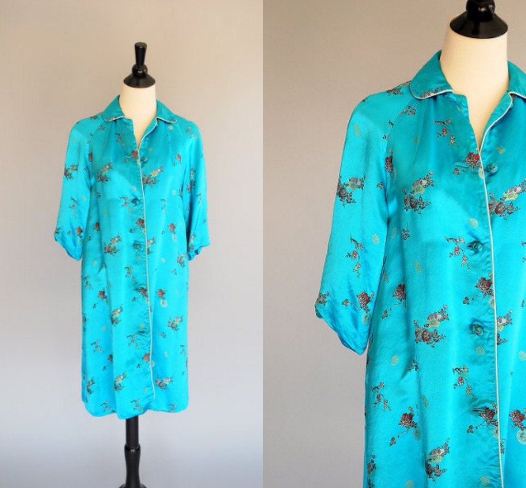 1960s satin robe / turquoise / asian by TheDuskyJewelVintage