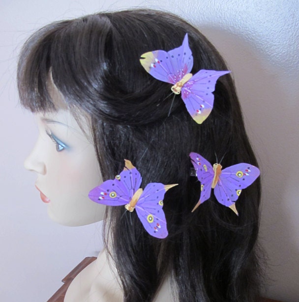 3 Purple Feathers Butterflies Hair Clips for weddings From olgadesigns