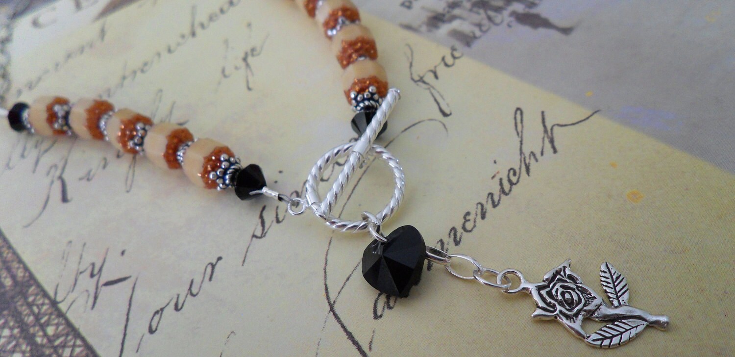 Rose Pendant necklace with Black Heart and Sterling Silver -- From France, With Love Necklace