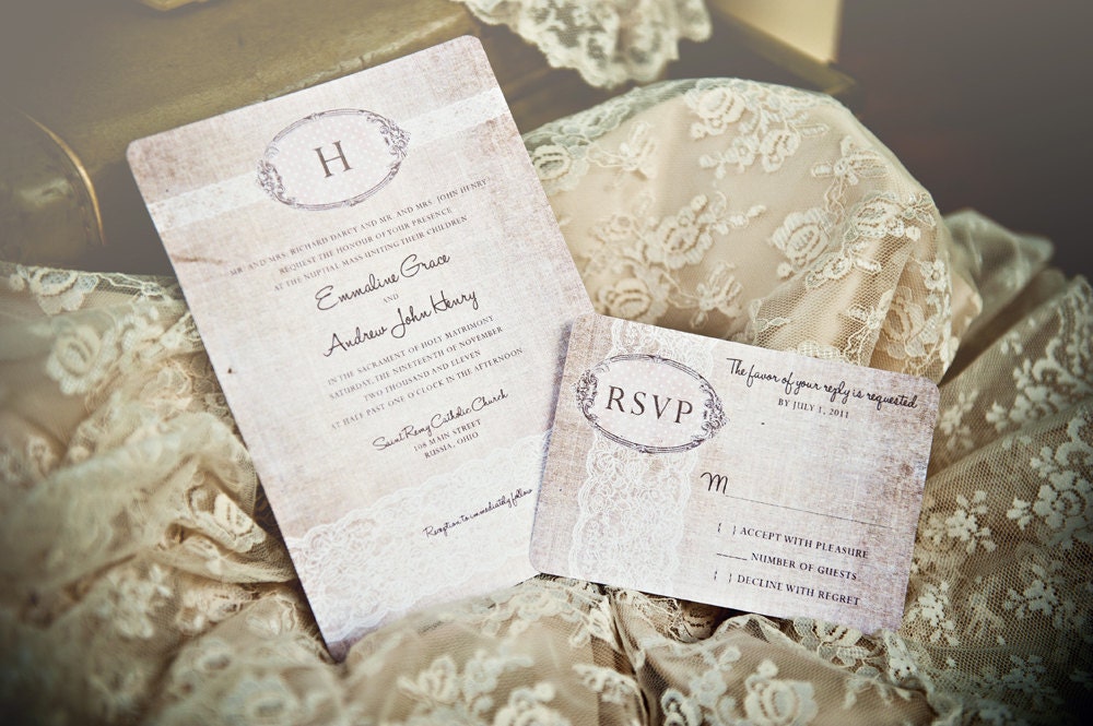 Shabby Chic Wedding Invitations Vintage Romantic Antique Lace and Rustic