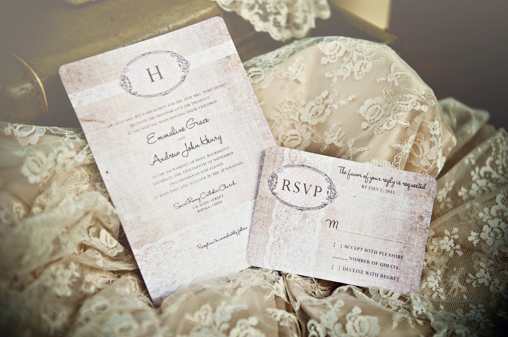 Shabby Chic Wedding Invitations Vintage Romantic Antique Lace and Rustic 