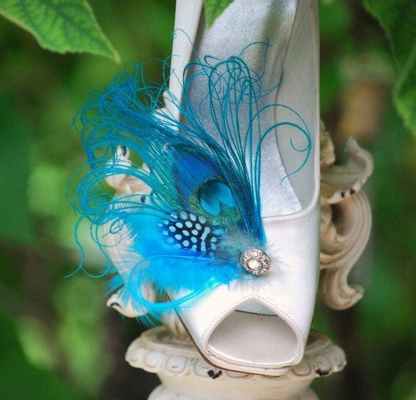 Shoe Clips Turquoise Peacock Feather Rhinestone Bride Bridal Bridesmaid 