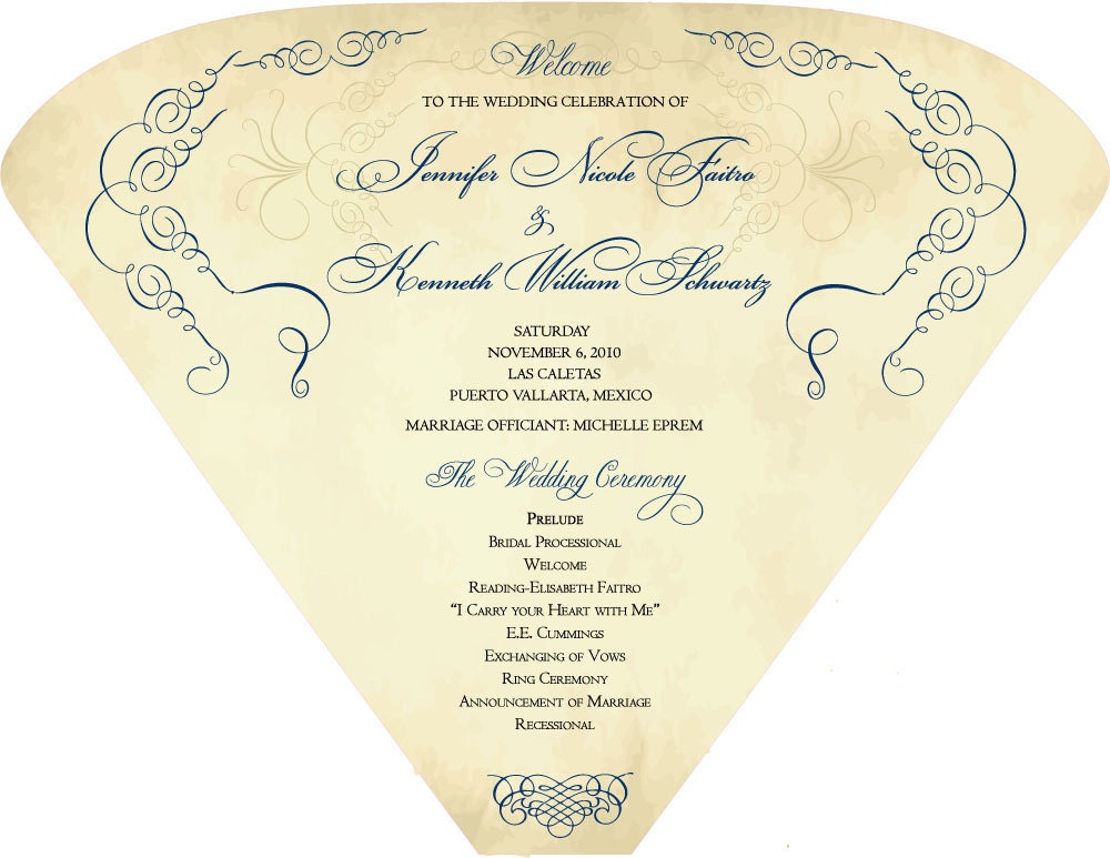 SET OF 25 Vintage Scroll Design Wedding Program Fan custom colors available