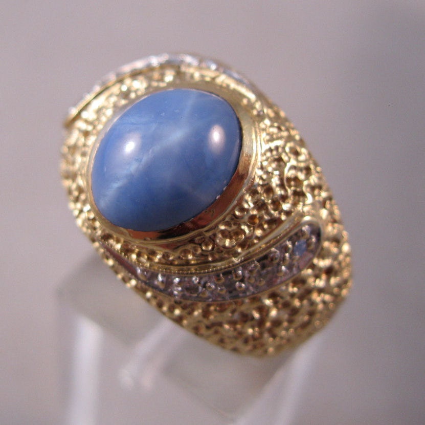 Vintage Star Sapphire Diamond Wedding Ring 14K Gold Mens Size 9 SALE