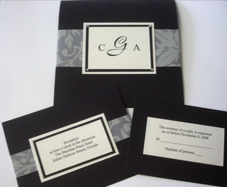 Classic Black and Ivory Monogrammed Wedding Invitation Set Sample