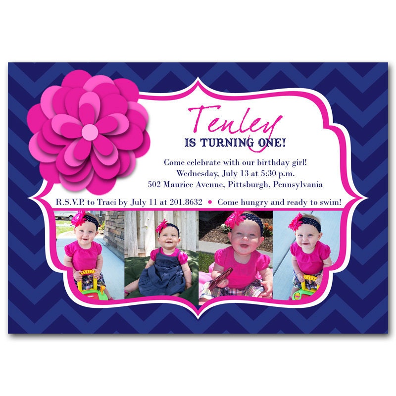 Birthday party invitation navy and hot pink with chevron printable digital