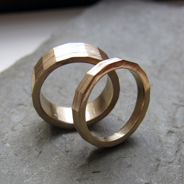 Modern industrial brass wedding ring set handmade texture made to order 