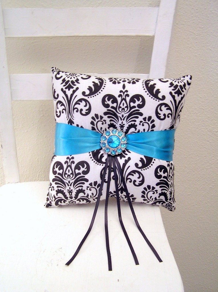 Teal and Black Damask Ring Pillow