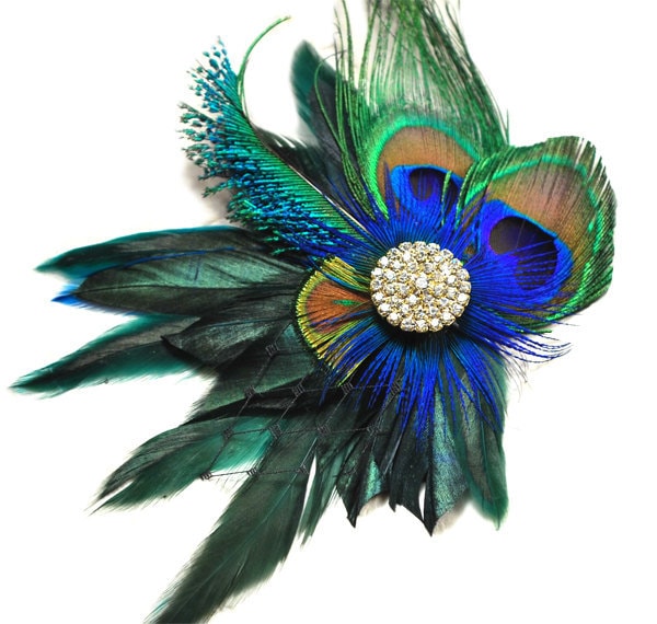 Peacock Bridal Head Piece Veil Clip Feather Fascinator with French Netting 