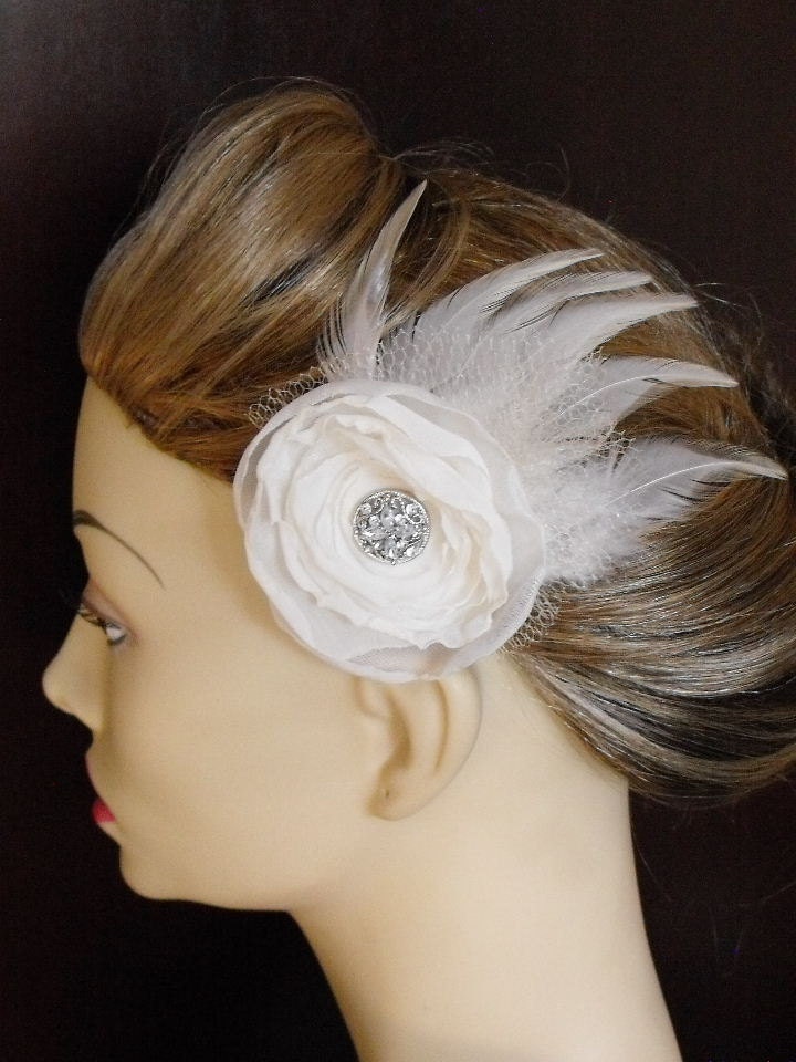 Champagne Fabric Flower with Feathers : wedding champagne flower clip headpiece vintage headpiece Il Fullxfull.278528600