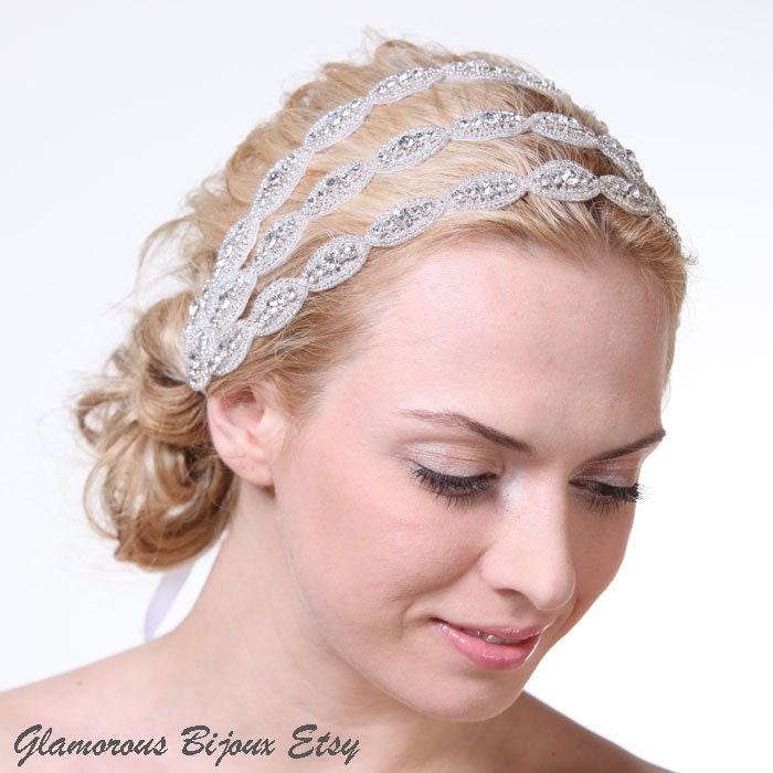 CHELSEA Grecian Rhinestone and Beaded Ribbon Wedding Headband 