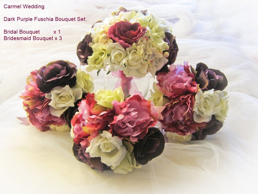 Dark Purple Fuchsia Ivory Lime Wedding Bridal Bouquet Package Set Bridal 