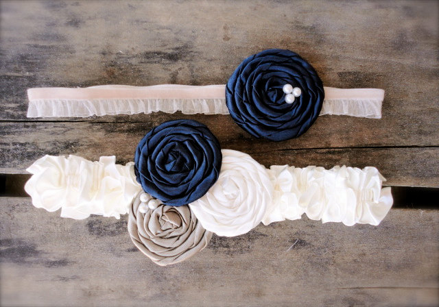 Bridal Garter Set Rosette Navy Blue Champagne Cream From SeventhStudio